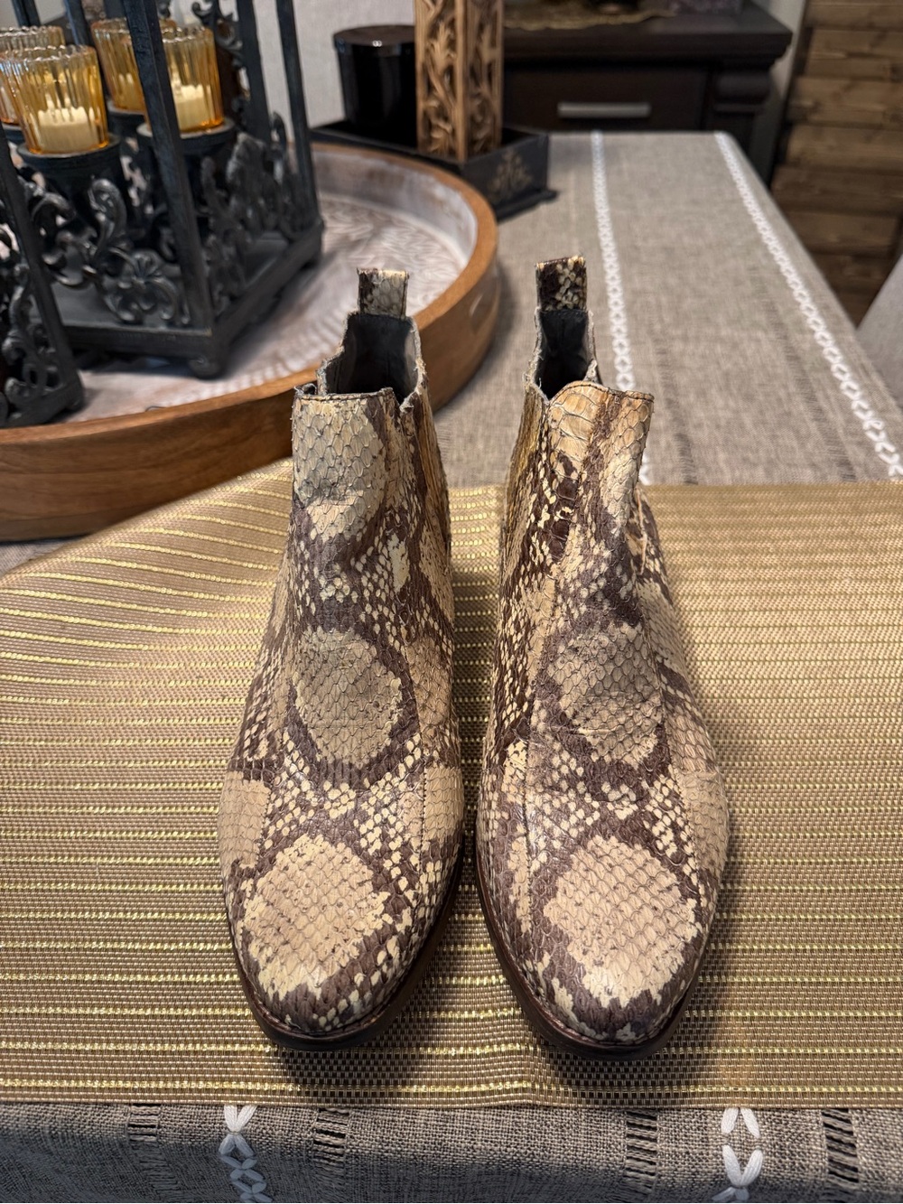 Vince Camuto Snake-Print Chelsea Booties in Beige and Brown
